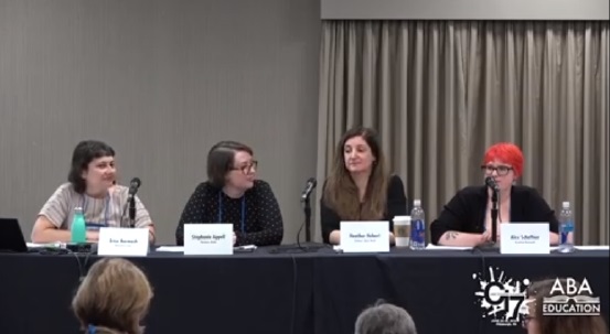 Erica Barmash, marketing director at Bloomsbury Children’s Books, with booksellers Stephanie Appell, Heather Hebert, and Alex Schaffner