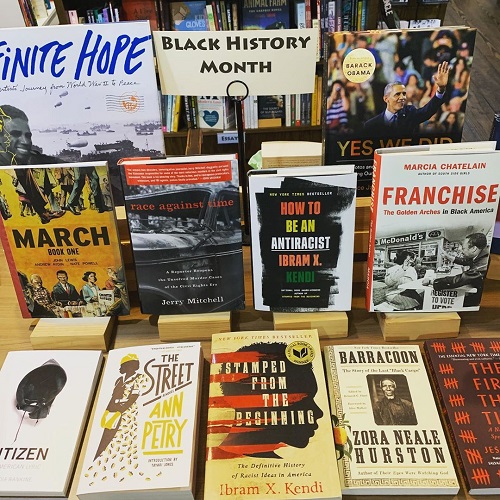 An array of titles on display in honor of Black History Month