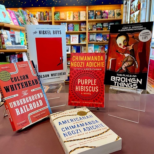 An array of titles on display in honor of Black History Month