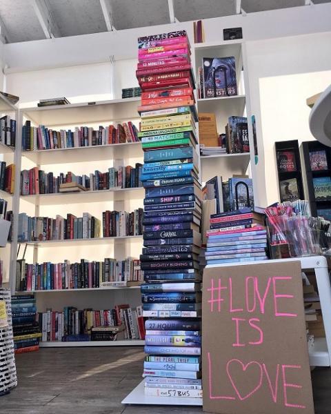 Scrawl Books' tower of rainbow books