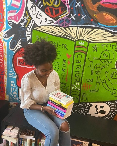 A bookseller at Semicolon Bookstore