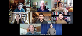 From left: Authors Paul Rudnick, Alyssa Cole, Casey McQuiston, Dahlia Adler, Aiden Thomas, Phil Stamper, David Levithan, and ASL Interpreter Brian Truitt.